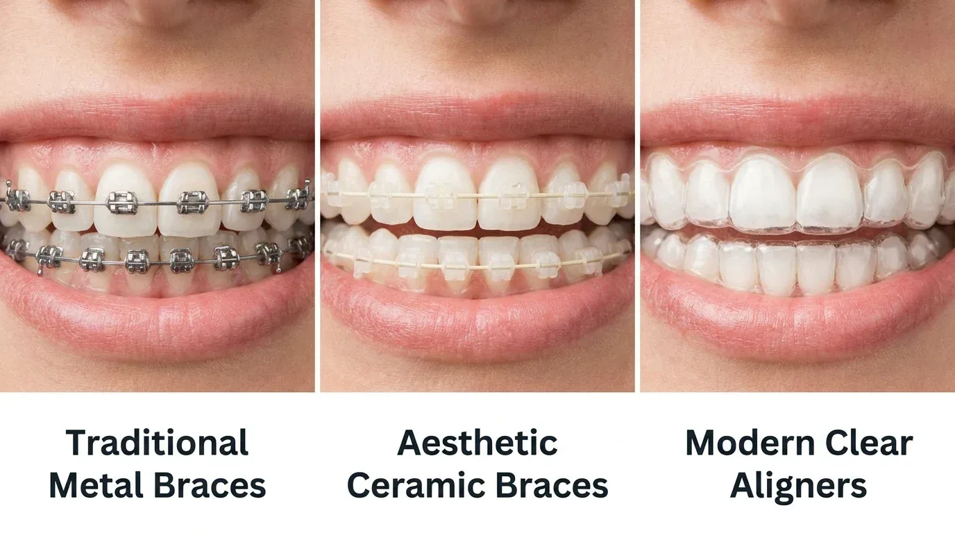 Types of braces: Traditional Metal Braces, Aesthetic Ceramic Braces, Modern Clear Aligners available at kalika dental clinic, kaligandaki chowk, near kaligandaki hospital.